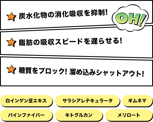 炭水化物の消化吸収を抑制!脂肪の吸収スピードを遅らせる!糖質をブロック! 溜め込みシャットアウト!