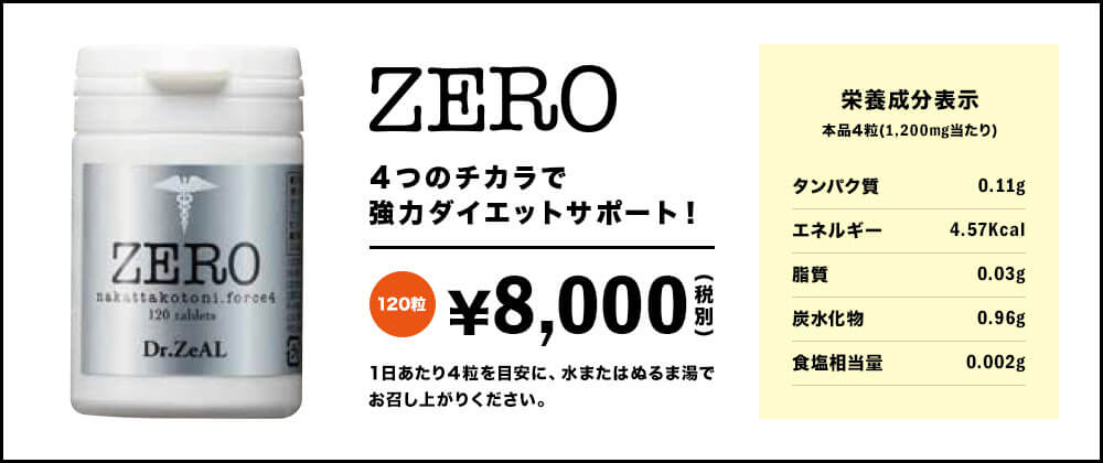 ZERO 4つのチカラで強力ダイエットサポート！ 120粒￥8,000（税別）